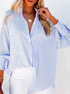 Asvivid Blue and White Striped Button-Front Blouse - Size M